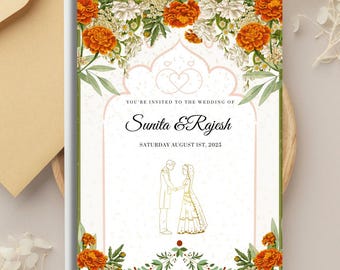 Exquisitas invitaciones de boda indias / Invitación DIY de Canva / Boda hindú / Guardar la fecha / Plantilla de Canva / Flor de caléndula hindi / Invitación DIY /