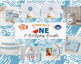 Paquete de plantillas para el primer cumpleaños de Ofishally One / Canva editable / Decoración para fiesta de animales marinos / Evite DIY / Adornos para cupcakes / Banners para fiestas