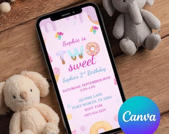 Invitación para el segundo cumpleaños de dos niñas, invitación por mensaje de texto, plantilla editable de Canva, dulces y dulces de cumpleaños, tema de donas de Evite