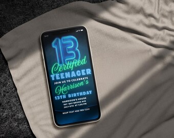 Invitación de cumpleaños número 13 / Evite móvil / Fiesta de chicos azul y verde / Diseño digital neón / Fiesta de cumpleaños de adolescentes / Plantilla Canva DIY /