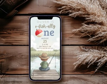 Invitación de primer cumpleaños de Ofishally One, Canva editable, Mensaje de texto para teléfono, Fiesta de pesca, Estética de pescador, Lago al aire libre, Diversión con carrete de pesca