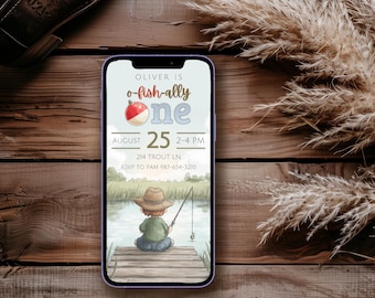 Invitación de primer cumpleaños de Ofishally One, Canva editable, Mensaje de texto para teléfono, Fiesta de pesca, Estética de pescador, Lago al aire libre, Diversión con carrete de pesca