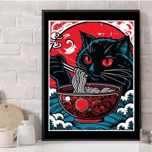 Japanese Cat Ramen Poster: Vintage Kitchen Wall Art