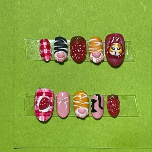STRAWBERRY CAT Customizable Press on Gel X Nails  / cat nails / strawberry nails / cute nails / kawaii nails