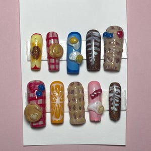 Customizable Gel X Press On Nails / &quot;A BALANCED BREAKFAST&quot; / food nails / waffle nails / fruit nails / 3D nails