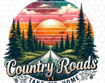 Country Roads Take Me Home Png, Sunset Png, Travel Png, Forest Landscape Png, Retro Png