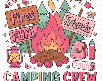 Pink Camping Crew Png, Friends Fire Fun Camping Crew Png, Camping Shirt Png, Retro Camping Design, Adventure Shirt Png, Outdoor Png