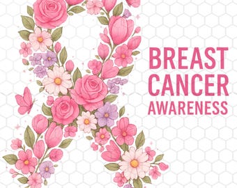 Breast Cancer Awareness Floral Ribbon PNG, Pink Ribbon Watercolor Clipart, October Cancer Support Sublimation Design
