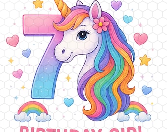 7th Birthday Girl Unicorn Png, Rainbow Hair Unicorn Sublimation Design, Cute Pastel Hearts and Stars Birthday Clipart, Instant Download