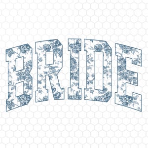 May include: The word "BRIDE" in a bold, arched font, filled with a blue floral pattern. The letters are outlined in a darker blue, set against a white background with a subtle honeycomb pattern.