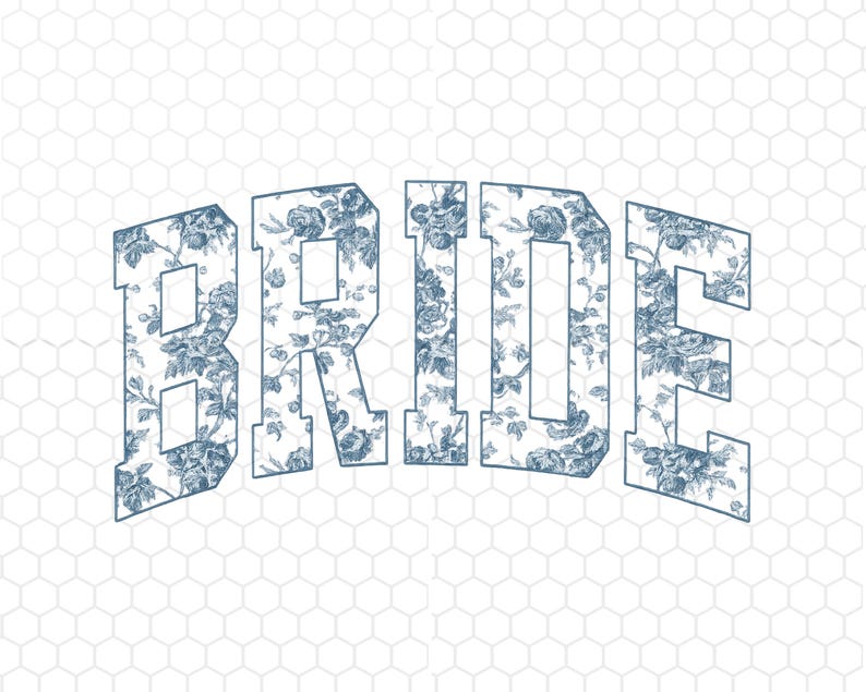 May include: The word BRIDE is written in large, block-style capital letters. Each letter is filled with a detailed blue and white floral pattern featuring roses and leaves. The text is set against a white background with a faint hexagonal grid pattern.