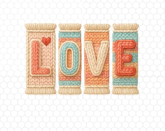 Liebe PNG Valentinstag Png, Gestrickte Textur Liebesbriefe mit Herz Schleife, Romantische PNG, Valentinstag Shirt Design, Sofort Download