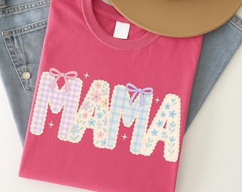 Coquette Mama Png, Mama Floral Png, lettres florales Vichy pastel avec sublimation de noeuds, téléchargement immédiat