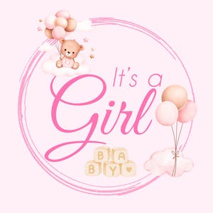 Tarjeta de bebé digital “Es una niña” para imprimir: hermoso diseño para anunciar o celebrar el nacimiento de una niña.