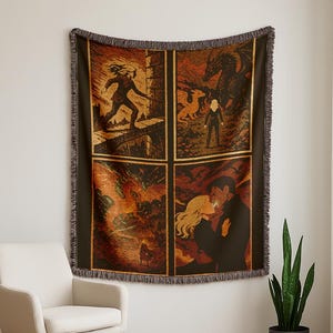 Design of:
Four iconic scenes from the book Fourth wing
hanging/draped on a wall in a light modern room with a modern chair and snake plant.