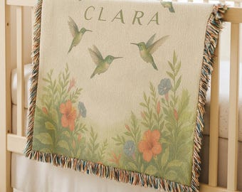 Personalized Humming Bird Baby Tapestry, Custom Baby Shower Gift, Toddler Nursery Decor, Girl Boy Throw Blanket, Hummingbird Watercolor Art