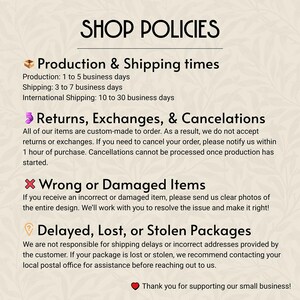 Shop policies on production shipping times, no returns once in production, and will figure out a solution on wrong or damaged items.