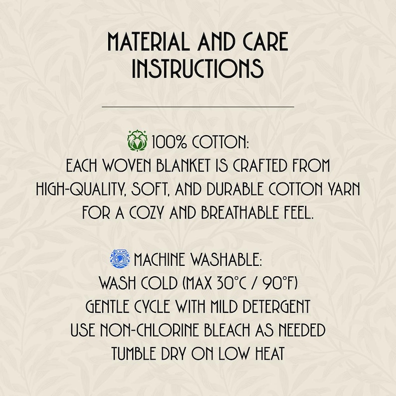Instructions on washing for the 100% cotton woven blanket