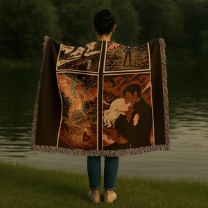 Design of:
Four iconic scenes from the book Fourth wing
held by a woman over her shoulders overlooking a lake
