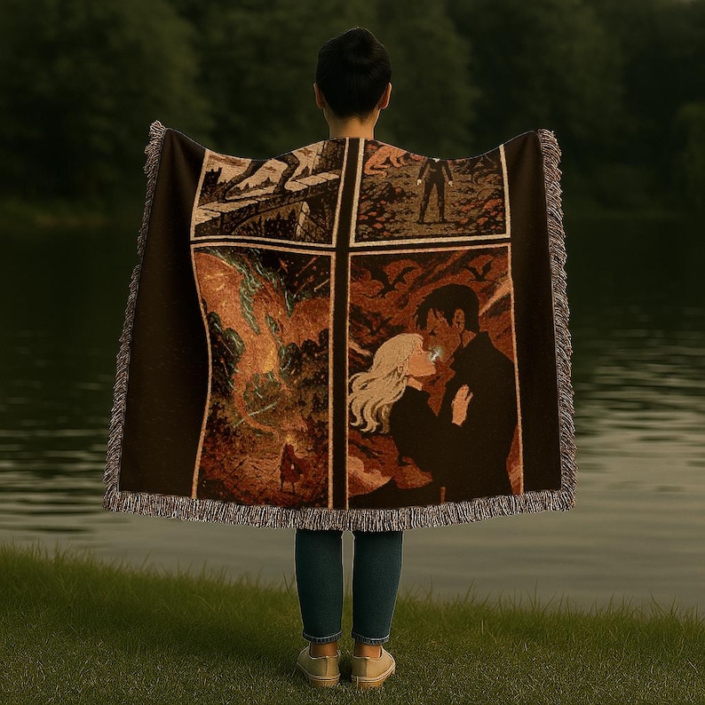 Design of:
Four iconic scenes from the book Fourth wing
held by a woman over her shoulders overlooking a lake
