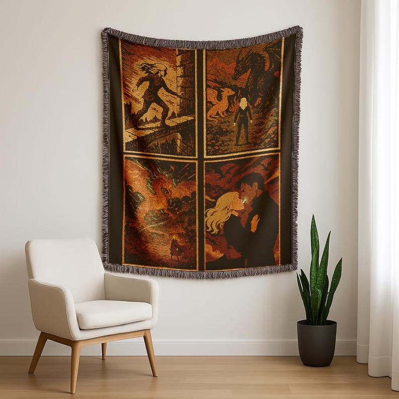 Design of:
Four iconic scenes from the book Fourth wing
hanging/draped on a wall in a light modern room with a modern chair and snake plant.
