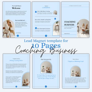 Puede incluir: Una plantilla de lead magnet para un negocio de coaching, con 10 páginas sobre un fondo azul claro. Las páginas incluyen títulos como "Bienvenida", "Tabla de Contenidos" y "Coaching Business". El nombre "Camla Nareen" también aparece.
