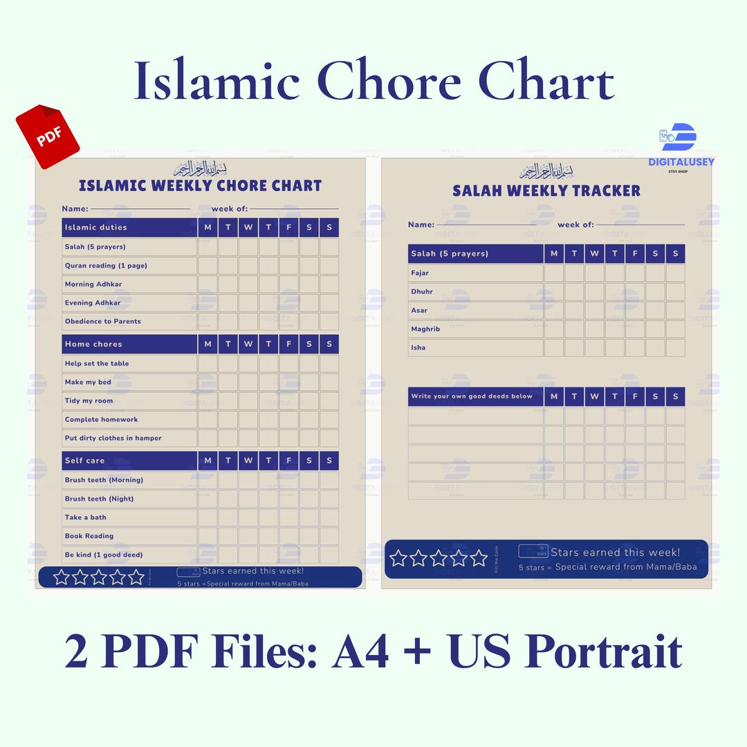 Islamic Kids Chore Chart Printable | Weekly Salah Tracker for Muslim ...