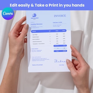 May include: A light blue invoice with the text "DIGITALUSEY" and "INVOICE". The invoice includes service details, quantities, prices, and totals. The text "Edit easily & Take a Print in you hands" is at the top. The invoice is held by two hands.
