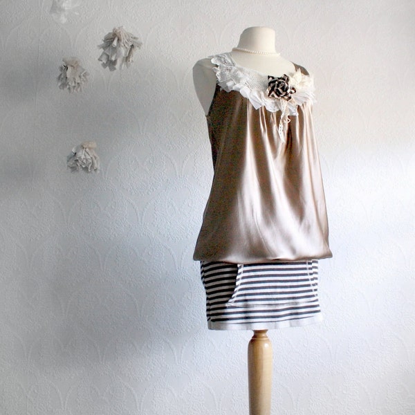 Women's Silk Shabby Chic Dress Upcycled Clothing Taupe Slip Dress Lace Mini Medium Large 'PORTOBELLA'