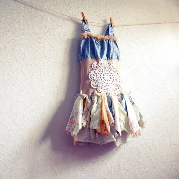 Children's Clothing Shabby Chic Dress 6 7 Blue Upcycled Fairy Clothes Tattered Lace Eco Friendly 'EMILIE'