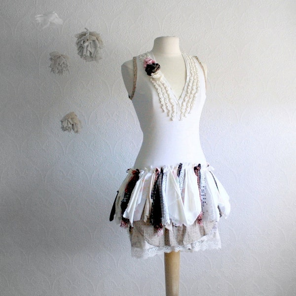 Shabby Chic Fairy Dress Women's Clothing Small Tattered Eco Fashion Cream Pink Brown Upcycled 'LARA'