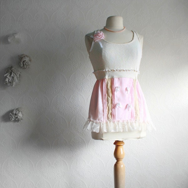 Pink Shabby Chic Top Upcycled Clothing Women's Clothes Cream Tank Shirt Babydoll Eco Fashion Medium  'AMARANTH'