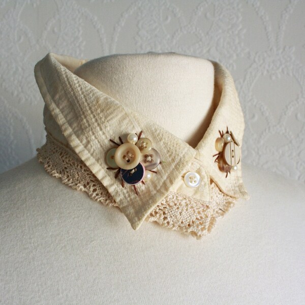 Cream Shabby Chic Collar Necklace Choker Upcycled Lace Buttons Embroidery Large