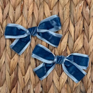 Blue Velvet Pigtail Hair Bow Set – Hand‑Tied Clip Bow, Girls Velvet Ribbon Accessory
