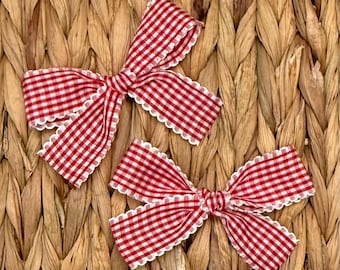 Red Gingham Pigtail Hair Bow Set: Handmade Scalloped Hair Clips