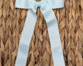 Pale Blue Scalloped Edge Long Tail Bow – Handmade Toddler Hair Clips, Girl Hair Accessories