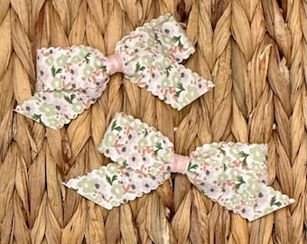 Pink Floral Pigtail Hair Bow Set: Handmade Ribbon Hair Clips