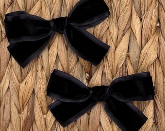 Black Velvet Pigtail Bow Set: Hand-Tied Hair Clips, Vintage Style