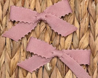 Mauve Pom-Pom Edged Pigtail Bow Set – Handmade Toddler Hair Clips, Girl Hair Accessories