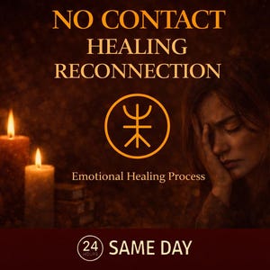 Op de afbeelding: Afbeelding met tekst: "NO CONTACT HEALING RECONNECTION" en "Emotional Healing Process". Een vrouw met haar hand op haar gezicht is afgebeeld. Twee brandende kaarsen staan op de voorgrond. Een symbool staat in het midden.