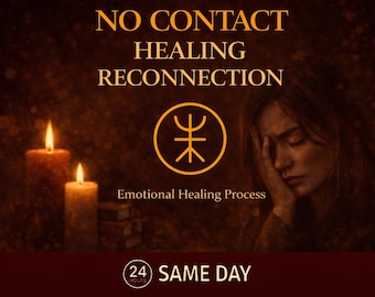 May include: An image with text that reads "NO CONTACT HEALING RECONNECTION" and "Emotional Healing Process." A woman is shown with her hand on her face. Two lit candles are in the foreground. A symbol is in the center.