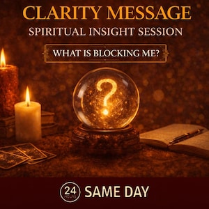 Puede incluir: Imagen de temática espiritual con una bola de cristal brillante, velas encendidas, libros y cartas del tarot. El texto dice "CLARITY MESSAGE" y "WHAT IS BLOCKING ME?"