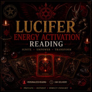 Op de afbeelding: Een donkere afbeelding met de woorden "LUCIFER ENERGY ACTIVATION READING" in goud. De afbeelding bevat tarotkaarten, kaarsen en een demonische figuur. De tekst bevat ook "IGNITE, EMPOWER, TRANSFORM" en "24H DELIVERY".