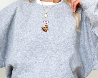 Embroidered Pixel Chicken Crewneck Sweatshirt Stardew Valley Inspired Cozy Gamer Apparel, Cozy Gamer Merch Farming Sim Gift Idea