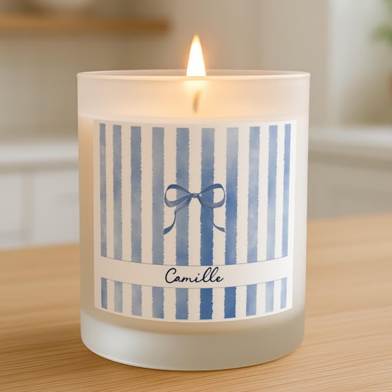 Personalized Striped Candle for Bridesmaid Gift for Teacher Thank You Nurse Appreciation | Frosted Glass Scented Candle with Bow & Stripes