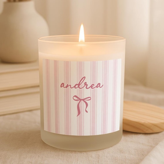 Personalized Striped Girly Decorative Candle Bridesmaid Proposal Gift, Custom Name Candle with Coquette Bow for Bride Friend Daughter Sister