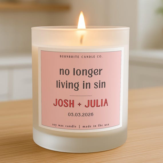 No Longer Living in Sin Scented Candle | Personalized Engagement Gift, Custom Wedding Date Soy Wax Candle for Couple, Funny Bridal Shower