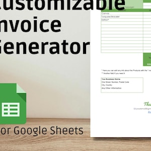 May include: A customizable invoice generator template for Google Sheets. The template is designed to be fully editable and includes a section for item descriptions, quantities, prices, and totals. The template also includes a section for customer and seller information, as well as payment details.