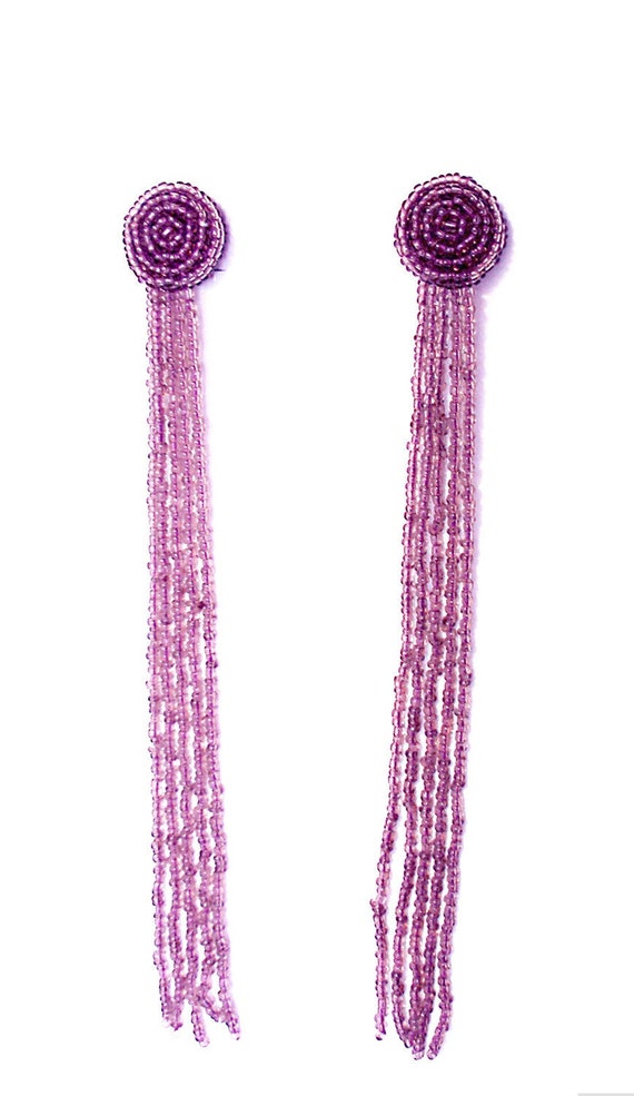 6 1/2" long Lavender Seed Beads TASSEL EARRINGS Cl