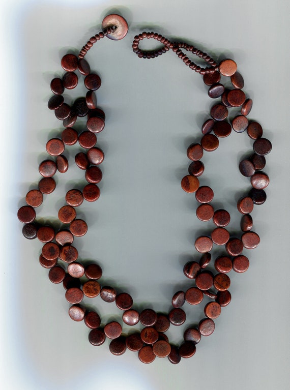 Vintage new  double Strand WOOD small disc NECKLAC